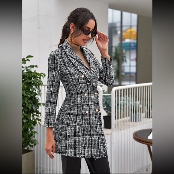 Double Button Plaid Tweed Coat- Black & White - Picture 5 of 6